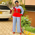 European and american women's clothing  autumn new collection: sweet and fresh color block long sleeve shirt with high-waisted straight-leg pants two-piece set