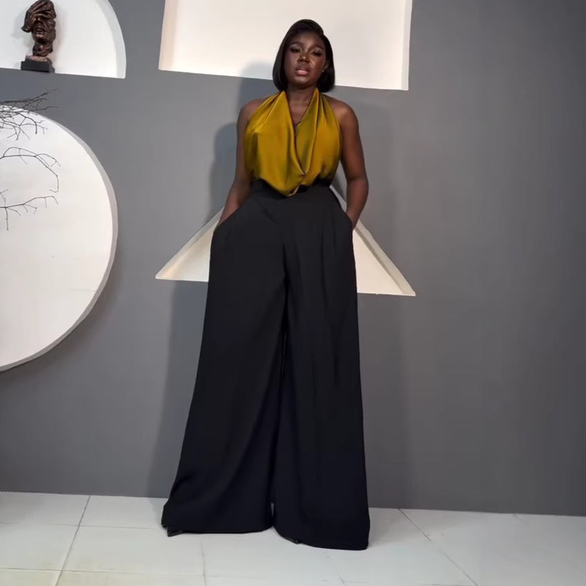 European and american cross-border women's fashion:  summer new arrival - elegant solid color halter neck sleeveless top & casual wide-leg pants set