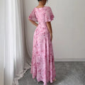 european and american  cross-border new french v-neck floral maxi dress with puff sleeves