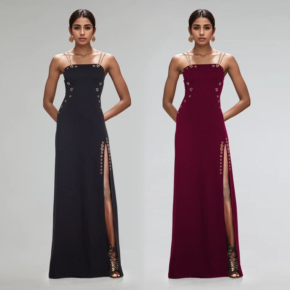 C7522 cross-border   fashion women's elegant gold chain sexy spaghetti strap slit dress