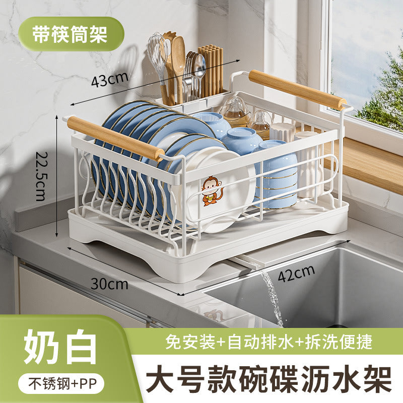 Stainless steel bowl rack, kitchen rack, countertop, household single-layer drain tray rack, large-capacity tableware and dish storage rack