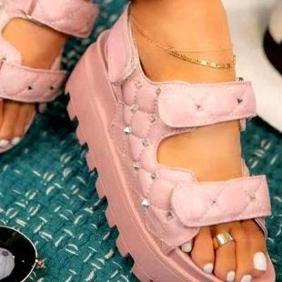 Women's new arrival rivet & plaid platform sandals - european style, plus size, one-strap hook & loop closure, roman sandals