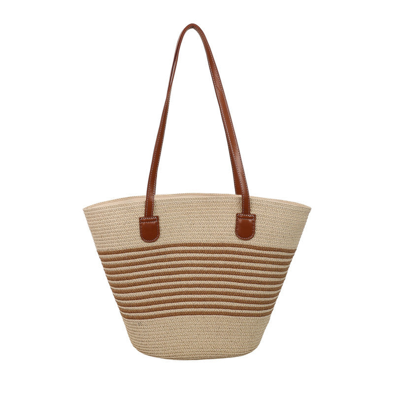 Large capacity straw woven bag women's new patchwork striped handbag fashionable knitted bag high-end tote beach bag