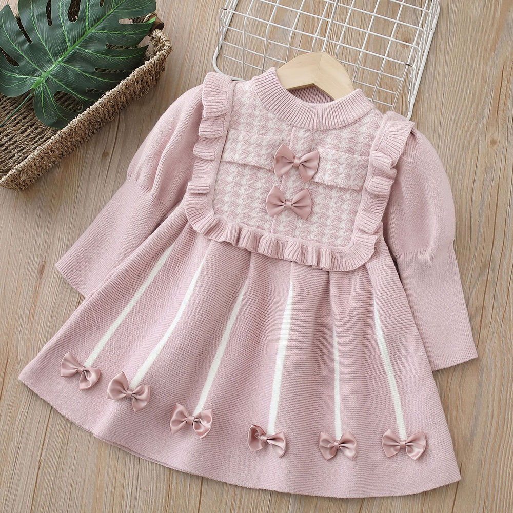 new year's & christmas girls' sweater dress - bow accent, chanel-inspired sweet knit dress