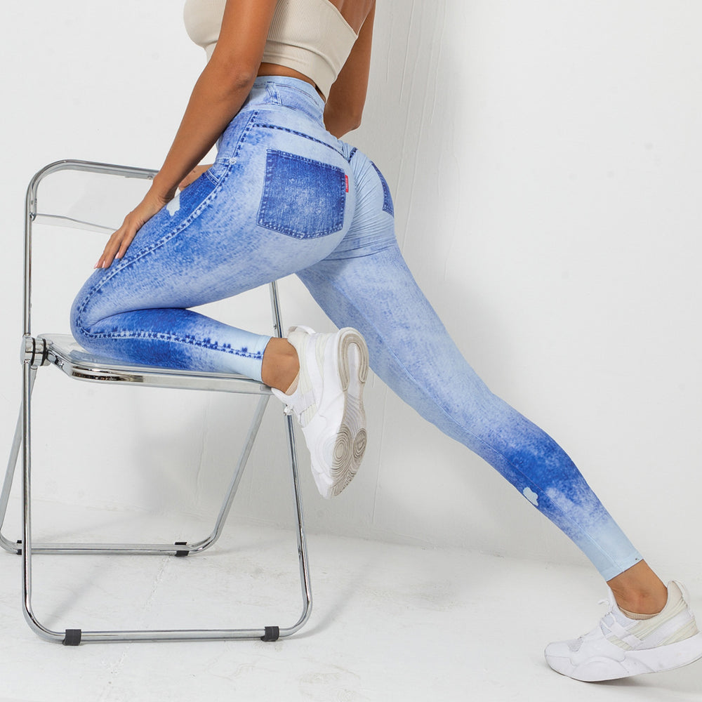Clearance: european and american style digital print denim blue high-waisted, high-stretch, quick-dry yoga pants - women's activewear for running and fitness
