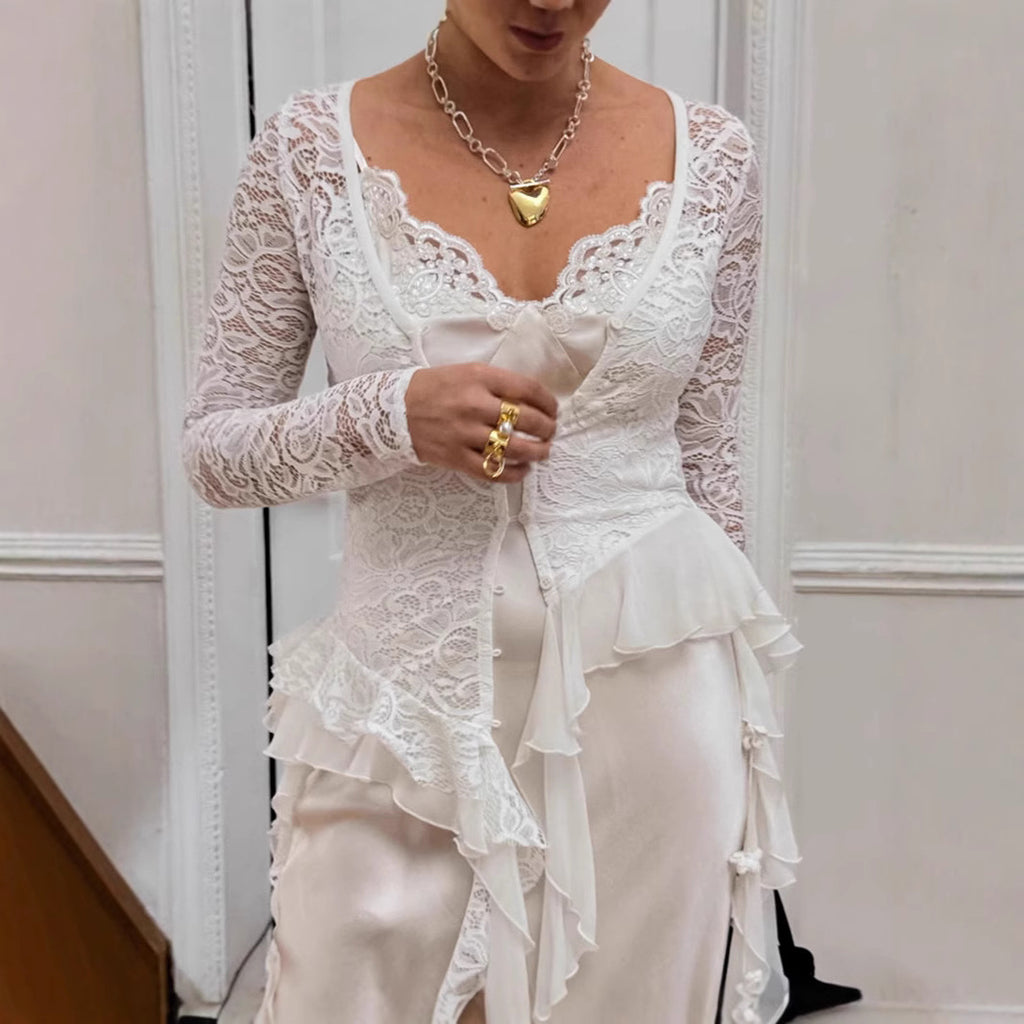 Cross-border French Bohemian Lace Cardigan Top Women's 2025 Summer Design V-Neck Long Sleeve Women's Shirt