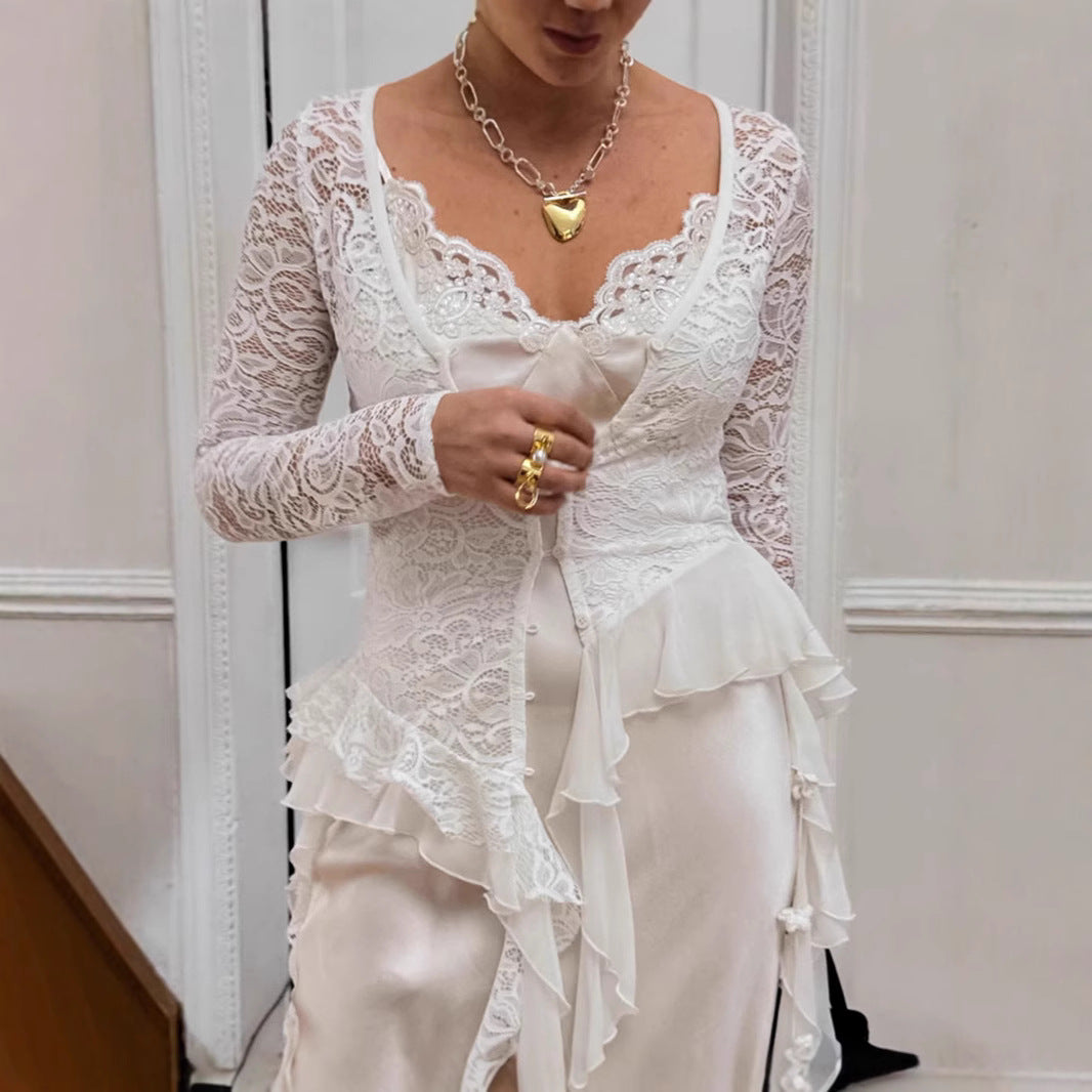 Cross-border French Bohemian Lace Cardigan Top Women's 2025 Summer Design V-Neck Long Sleeve Women's Shirt