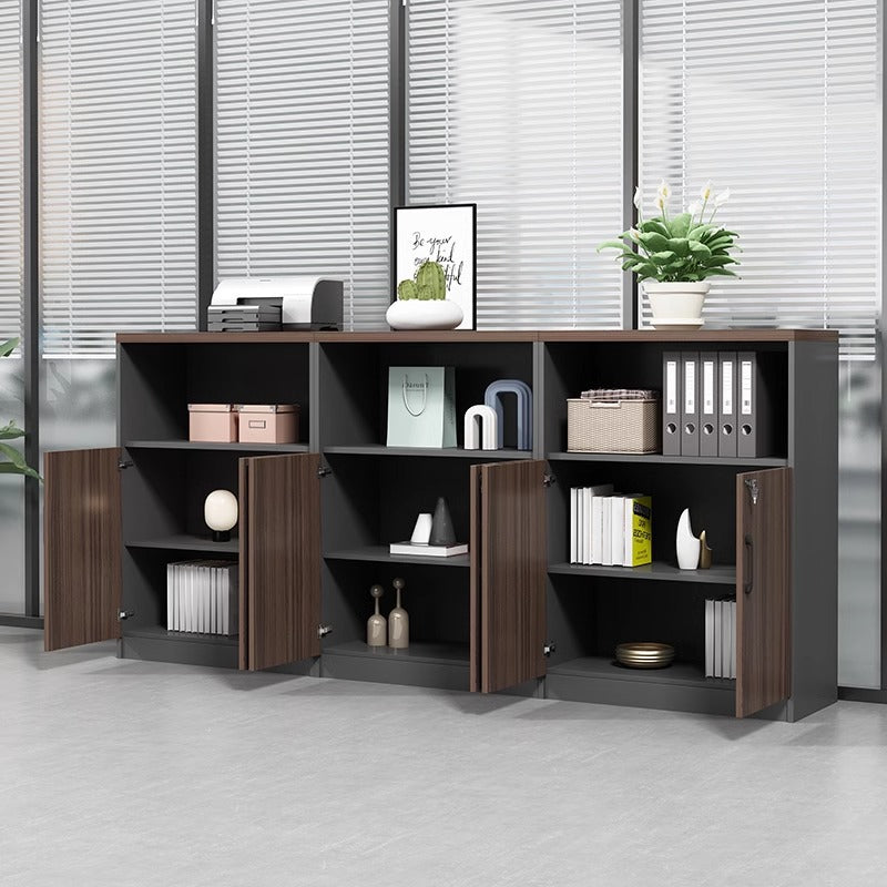Office wooden filing cabinet - low profile, lockable, partitioned, document storage, open storage