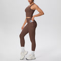 New arrival: cross-border double-sided brushed solid color breathable pocket long yoga outfit set - two-piece activewear for running and fitness