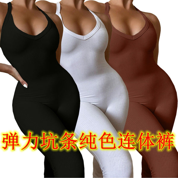 BN172  European and American women's clothing, new spring and summer models, solid color high elastic pit strip fabric, casual suspender jumpsuit