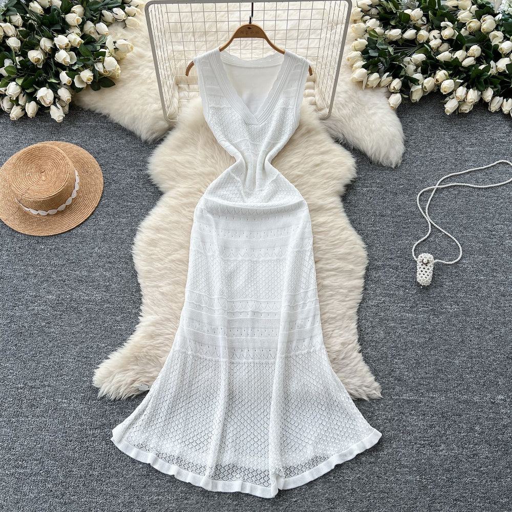 Korean style soft v-neck sleeveless crochet knit dress - women's summer high-end fitted mermaid maxi dress