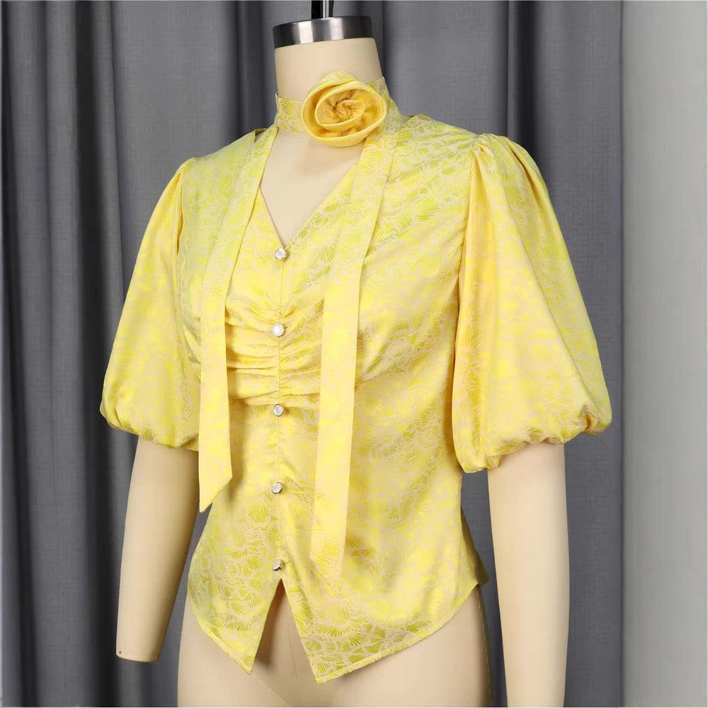 Spring/summer new v-neck puff sleeve 3d floral slim-fit solid color top - elegant single-breasted pleated waist blouse