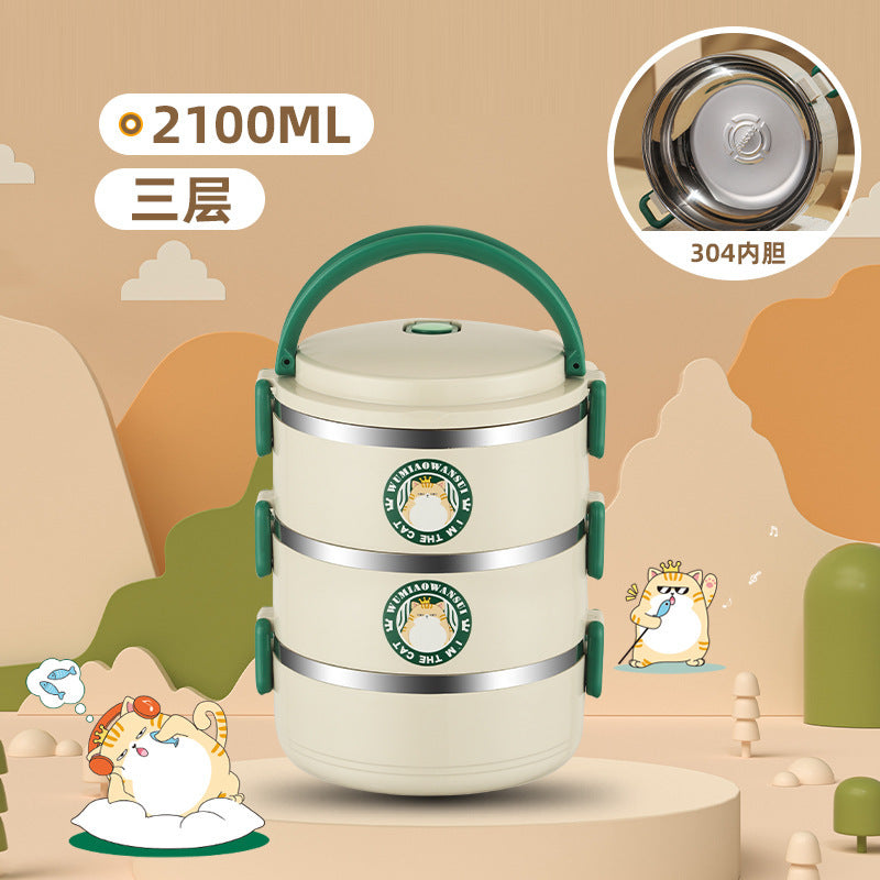 304 round bento box, stainless steel portable multi-layer thermal insulation lunch box, student cartoon grid lunch box gift