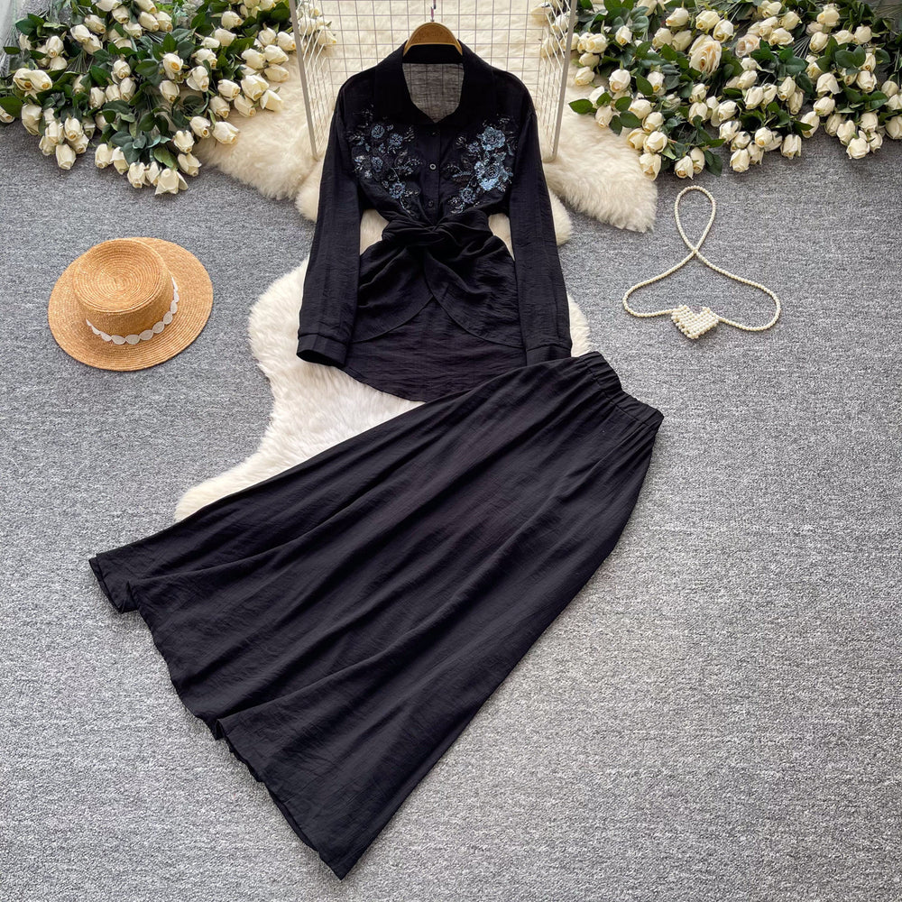 French chic embroidered cardigan & high-waisted midi skirt set - autumn sequin waist-cinching slimming two-piece - premium style