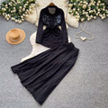 French chic embroidered cardigan & high-waisted midi skirt set - autumn sequin waist-cinching slimming two-piece - premium style