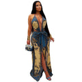 C7772 cross-border  new women's retro print deep v waist tie-up slit wide leg vacation style jumpsuit