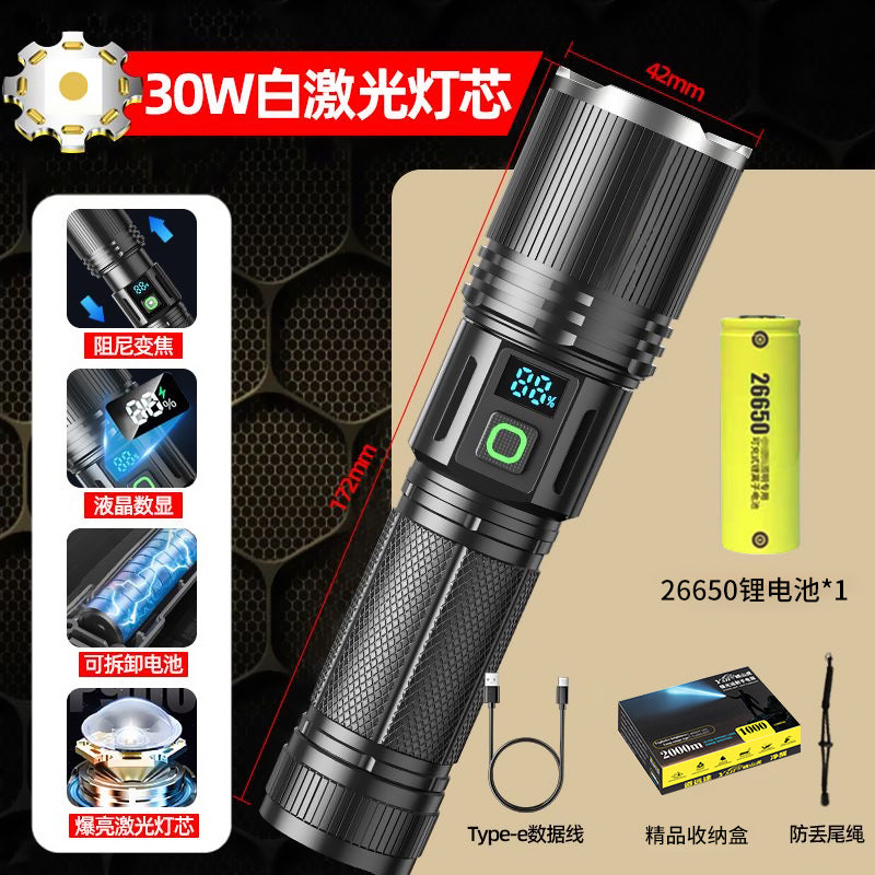 Cross-border aluminum alloy digital flashlight mechanical zoom strong light USB charging outdoor emergency long-range strong light flashlight