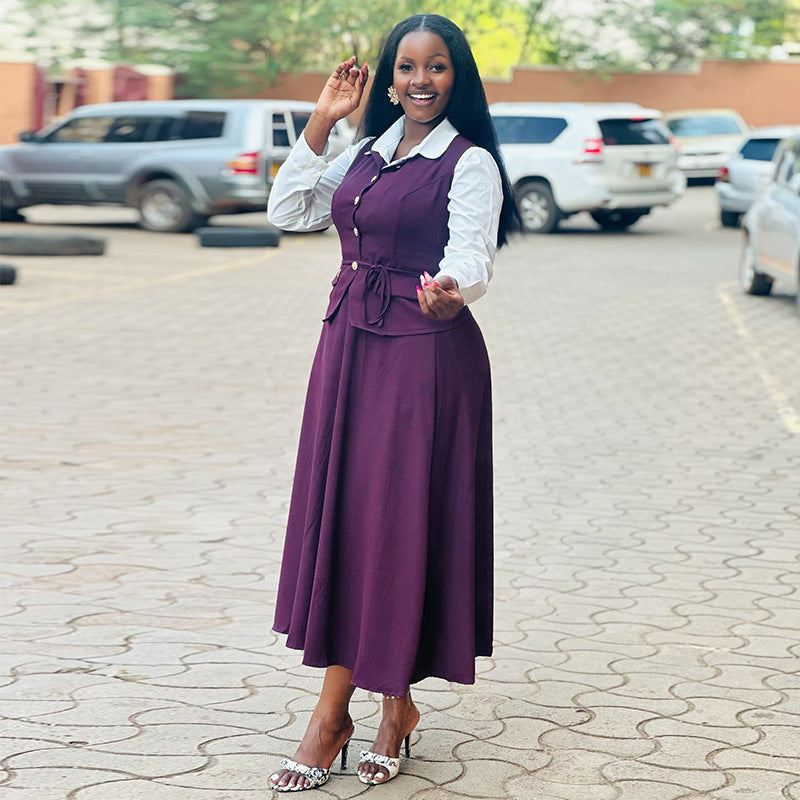 European and american women's clothing  autumn new collection: sweet and fresh two-piece set - collared shirt with faux layering and high-waisted midi skirt