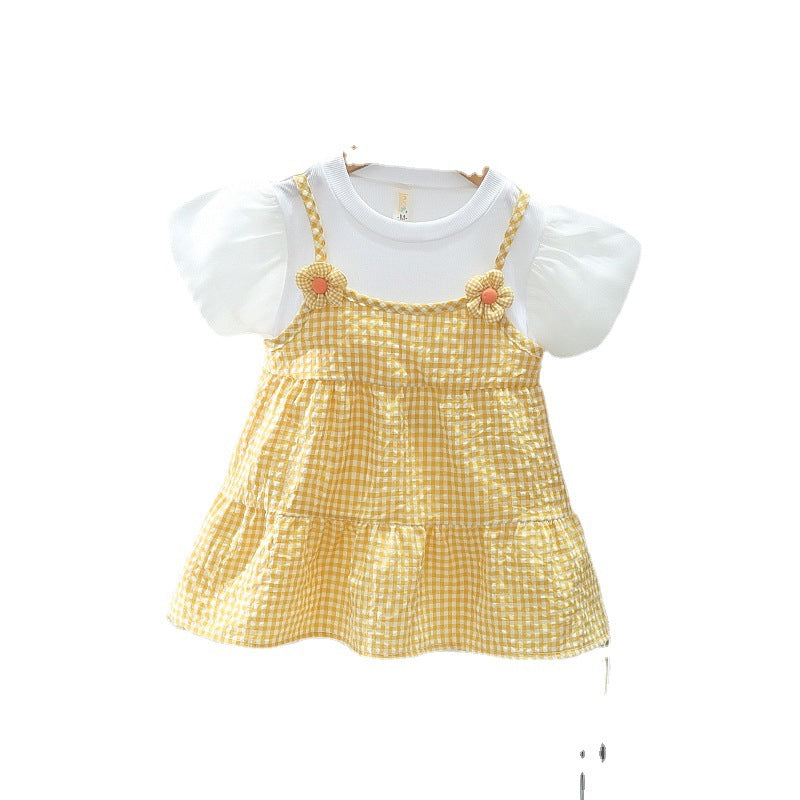 Girls' summer korean style cute floral round neck short sleeve dress  new girls' casual plaid skirt