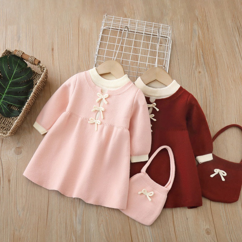 Girls' knit sweater dress - new autumn  collection: sweet bow detail, long knit dress for little girls