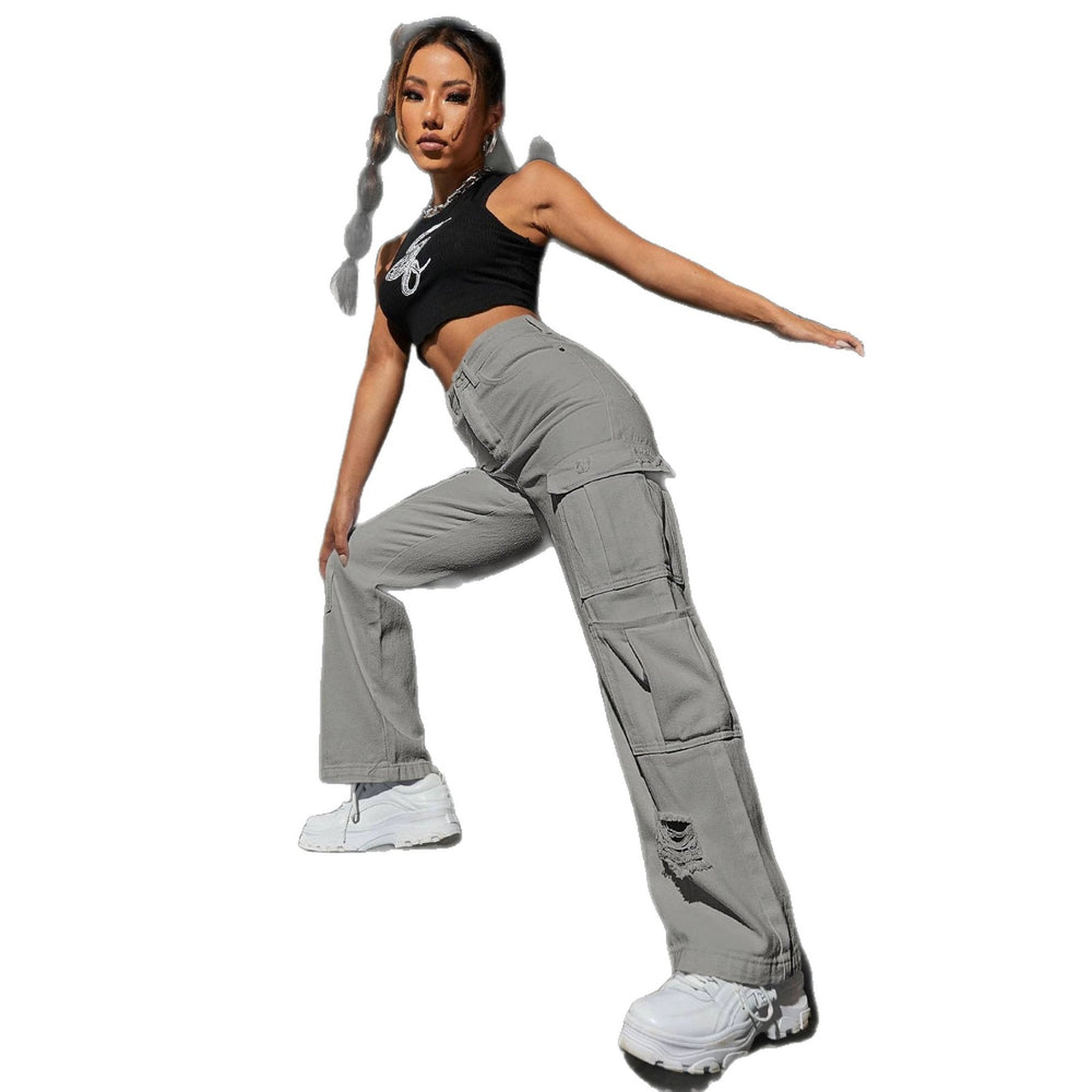 Amazon tiktok pinduoduo export cross-border fashion women's gray multi-pocket hole wide leg workwear pants