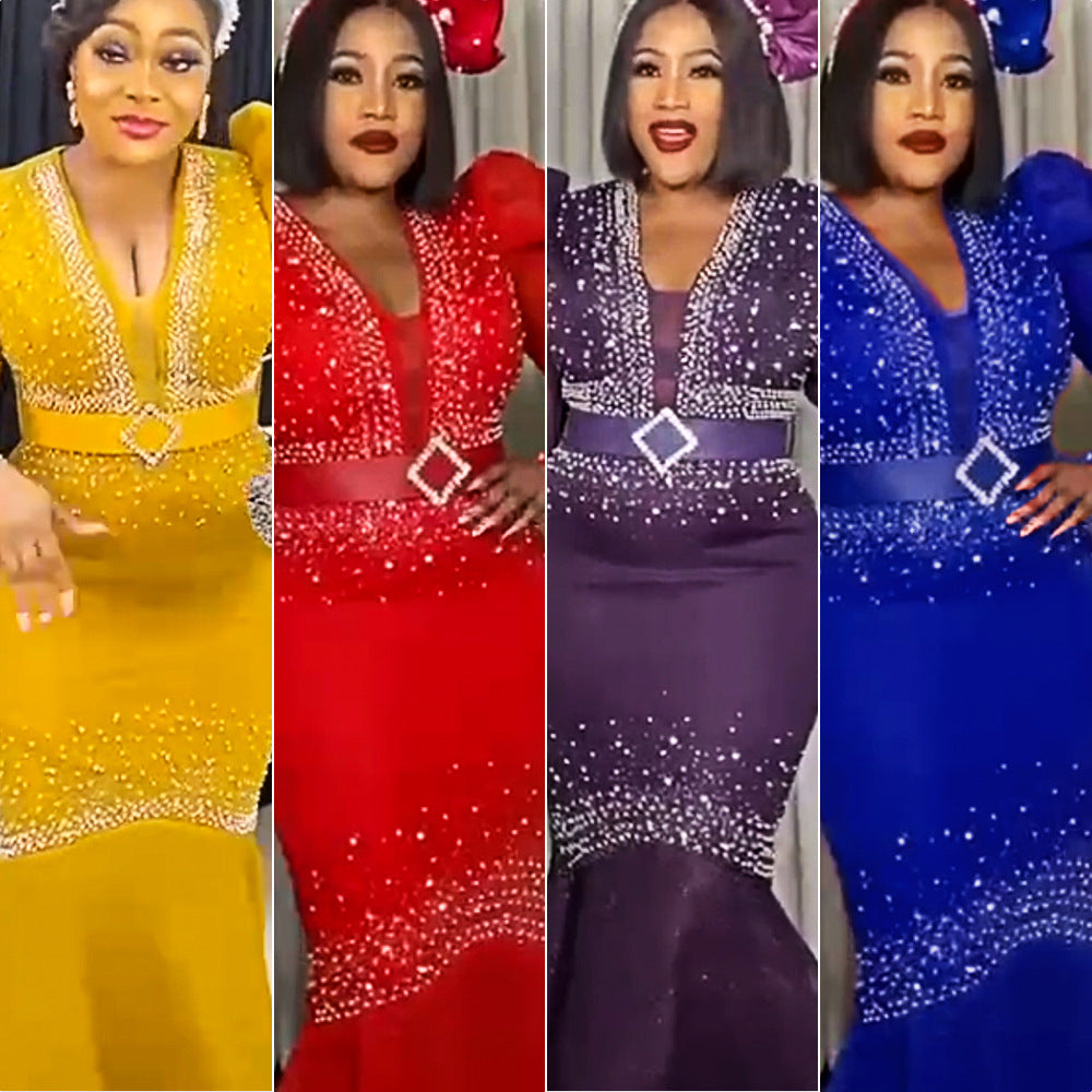 new european and american style sexy rhinestone embellished bodycon dress african women's plus size  floor-length maxi dress