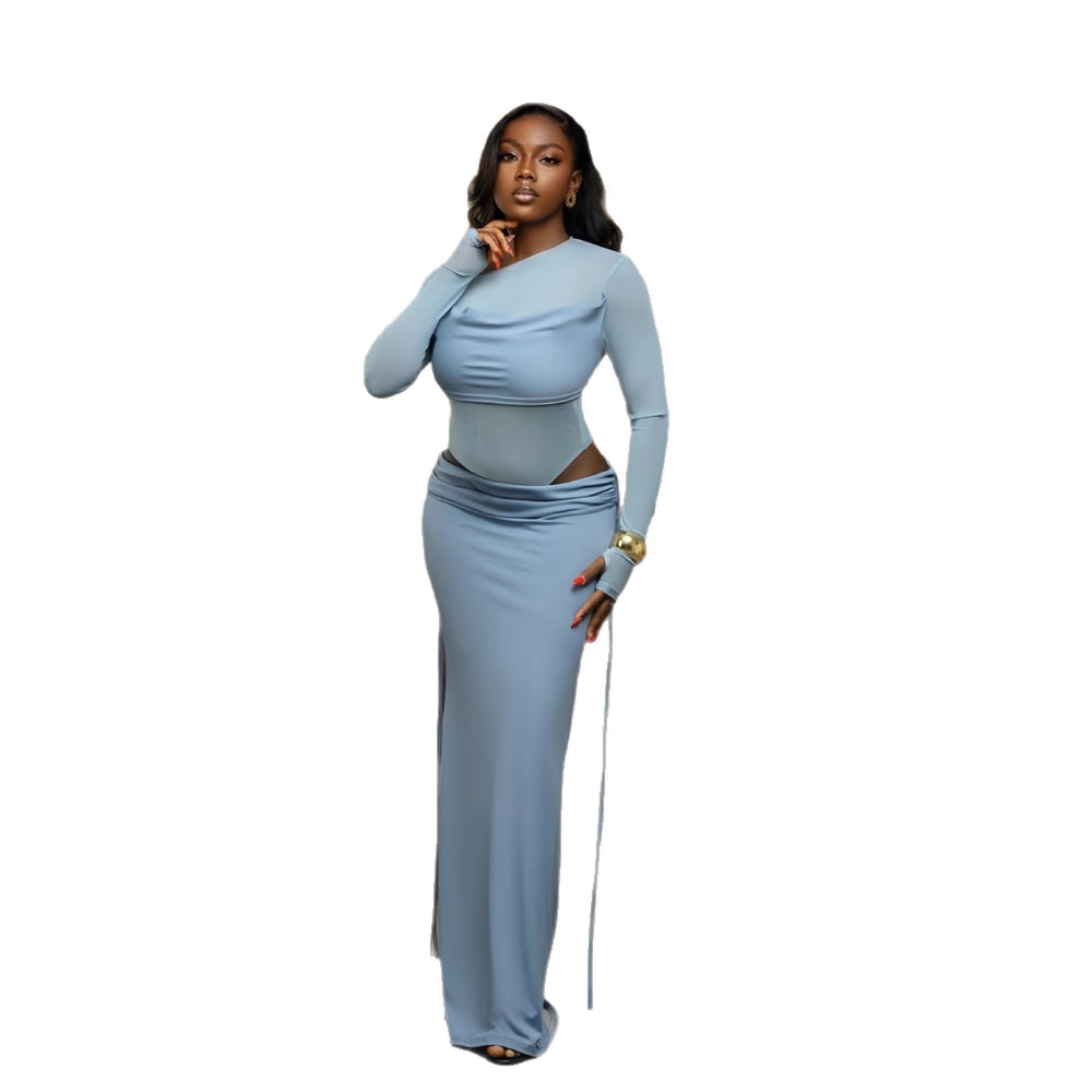 European and american cross-border women's fashion  winter new arrival: solid color long sleeve sexy slim-fit tie-waist midi skirt two-piece set