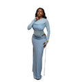 European and american cross-border women's fashion  winter new arrival: solid color long sleeve sexy slim-fit tie-waist midi skirt two-piece set
