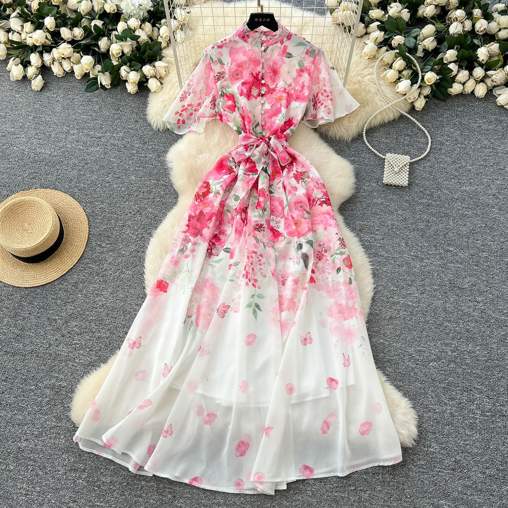new resort style women's dress - french pearl button detail, cinched waist, slimming, elegant printed chiffon maxi dress