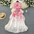new resort style women's dress - french pearl button detail, cinched waist, slimming, elegant printed chiffon maxi dress