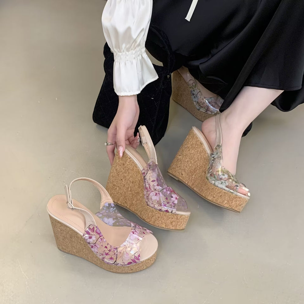 2026 new korean style transparent printed wedge sandals platform fish mouth women's shoes vacation style height increasing slides