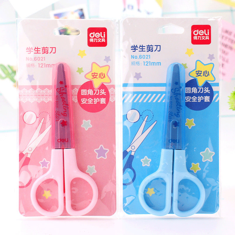Deli 6021 student handmade scissors cute cartoon child protective cover scissors mini student small scissors wholesale