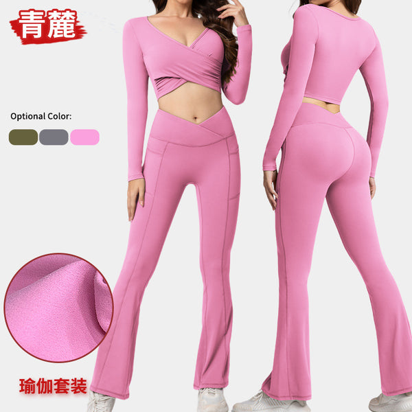 Women's Fitness Clothing Two-piece Set Outdoor Walking Exercise Pilates Yoga Clothing Set V-Neck Sexy Sports Top
