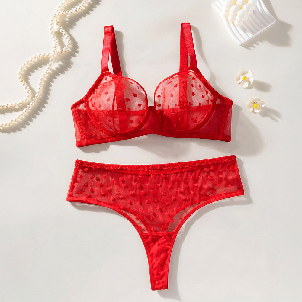 fashionsexylace gathered thin plus size bra flocked heart-shaped laceplaid ultra-thin bra suit