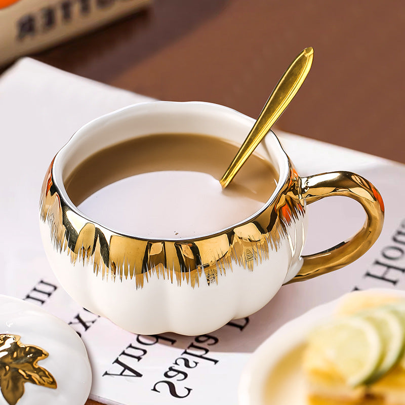 European-style quirky ceramic mug, unique pumpkin mug, high-end office milk and coffee cup, afternoon tea cup and saucer