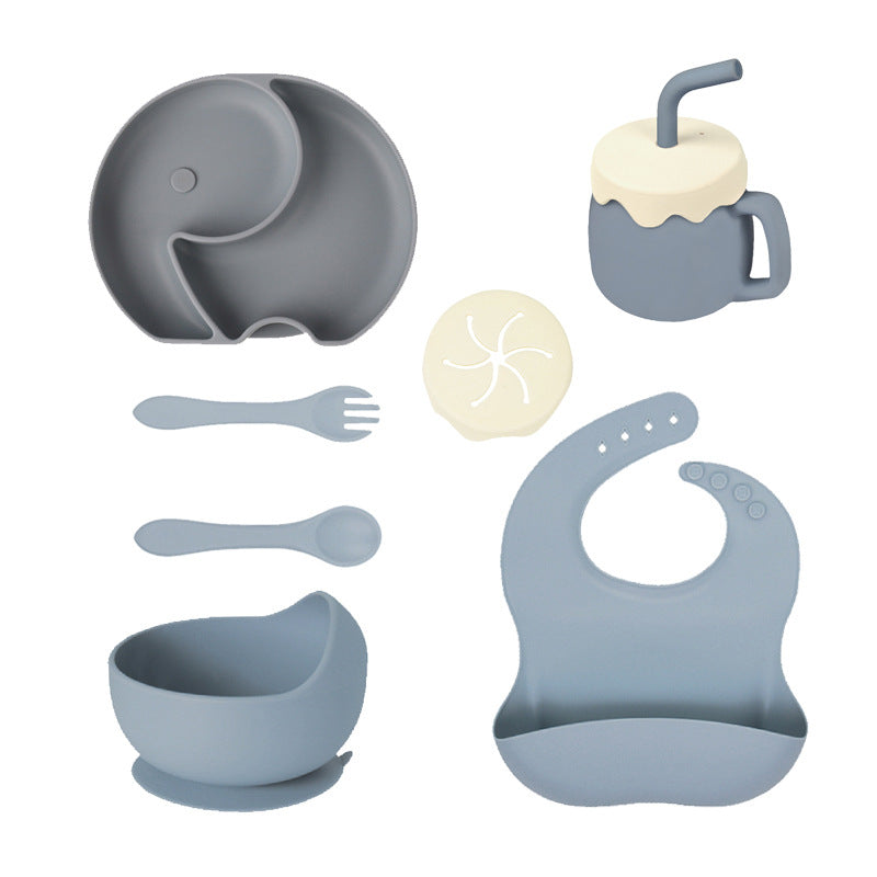 Children's Silicone Plate 7-piece Set Baby Separate Plate Feeding Bib Water Cup Fork Spoon Supplementary Food Bowl Tableware