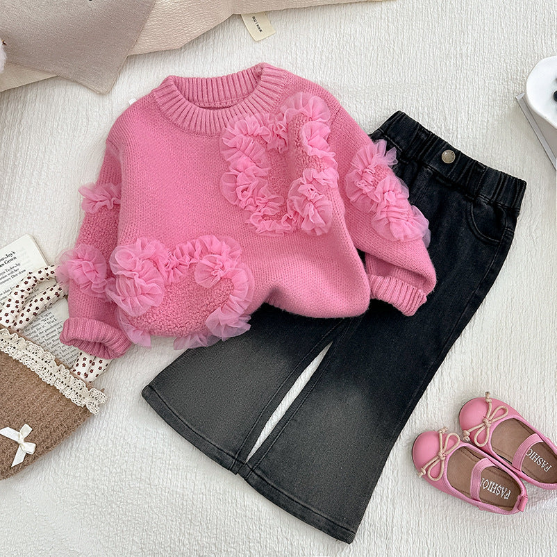 Girls' knit sweater - spring  korean style 3d floral knit top & trendy jeans two-piece set