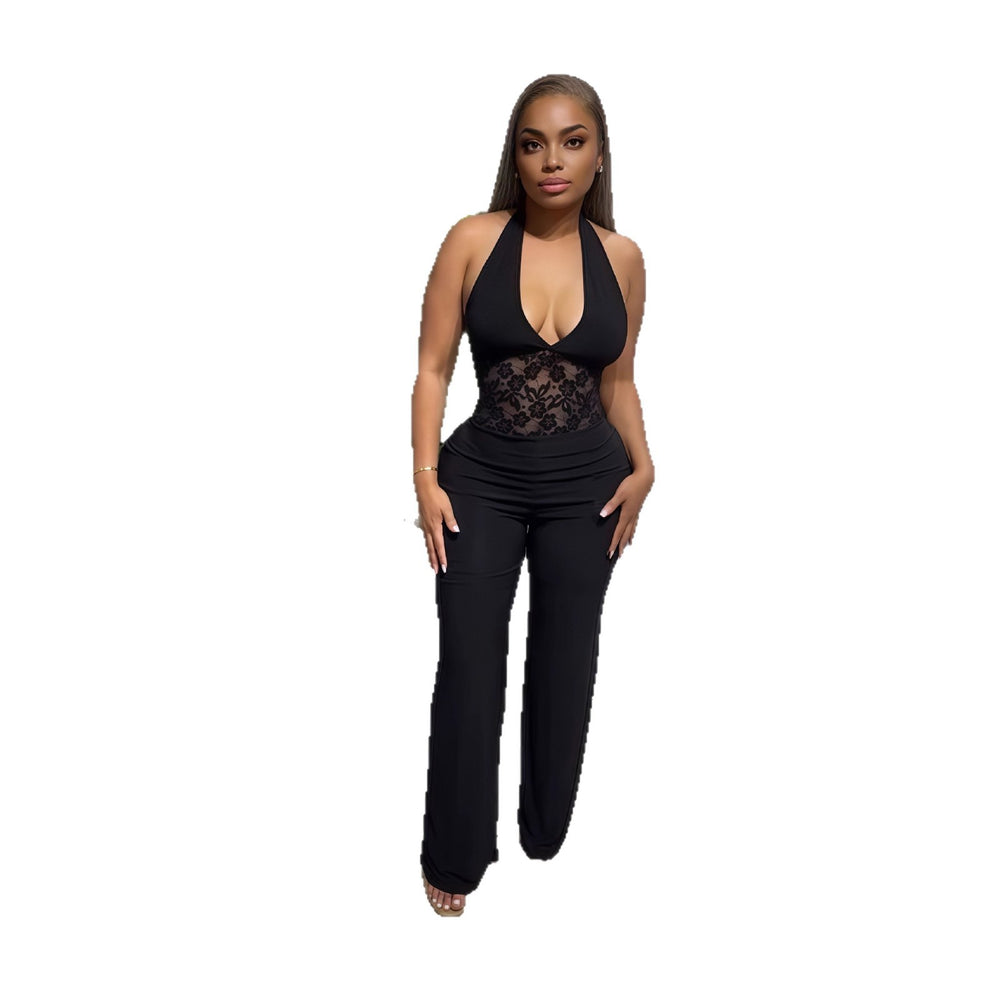 European and american cross-border women's fashion:  autumn new arrival - solid color sleeveless deep v-neck halter neck backless patchwork long jumpsuit