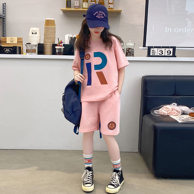 Girls' summer loose-fit short sleeve & shorts two-piece set -  new korean style girls' activewear top & shorts outfit