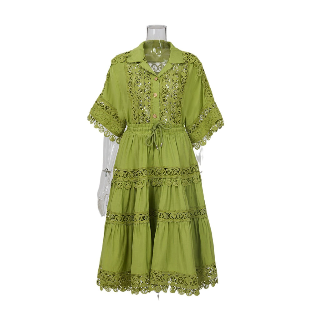 Fashionexportfrench palace style lacecut out crochet shorttopshigh waistlacepatchwork skirtsuit