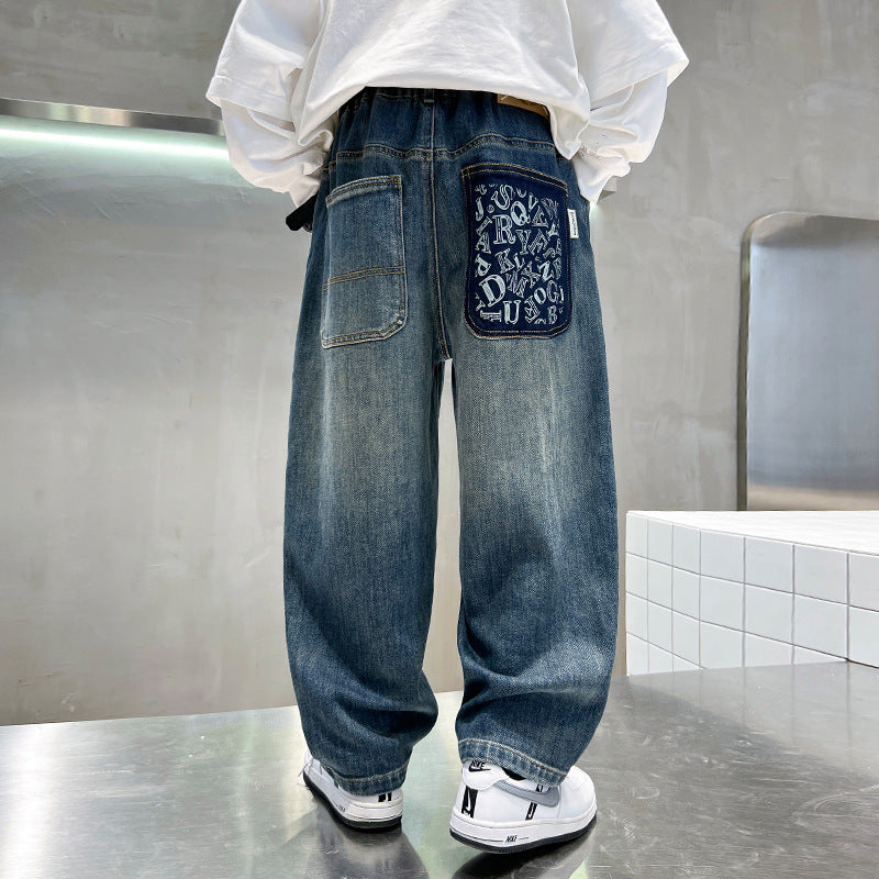 Boys' fall denim pants, spring collection, mid-to-large size, loose fit,  new style, kids' straight-leg trousers, spring/autumn season