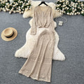 Elegant two-piece set: korean style soft hollow-out crochet round neck knit cardigan top + high-waisted bodycon midi skirt