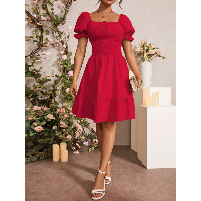 fashion  summer new arrivalelegantrufflespure color puff sleeve square neck shortdress