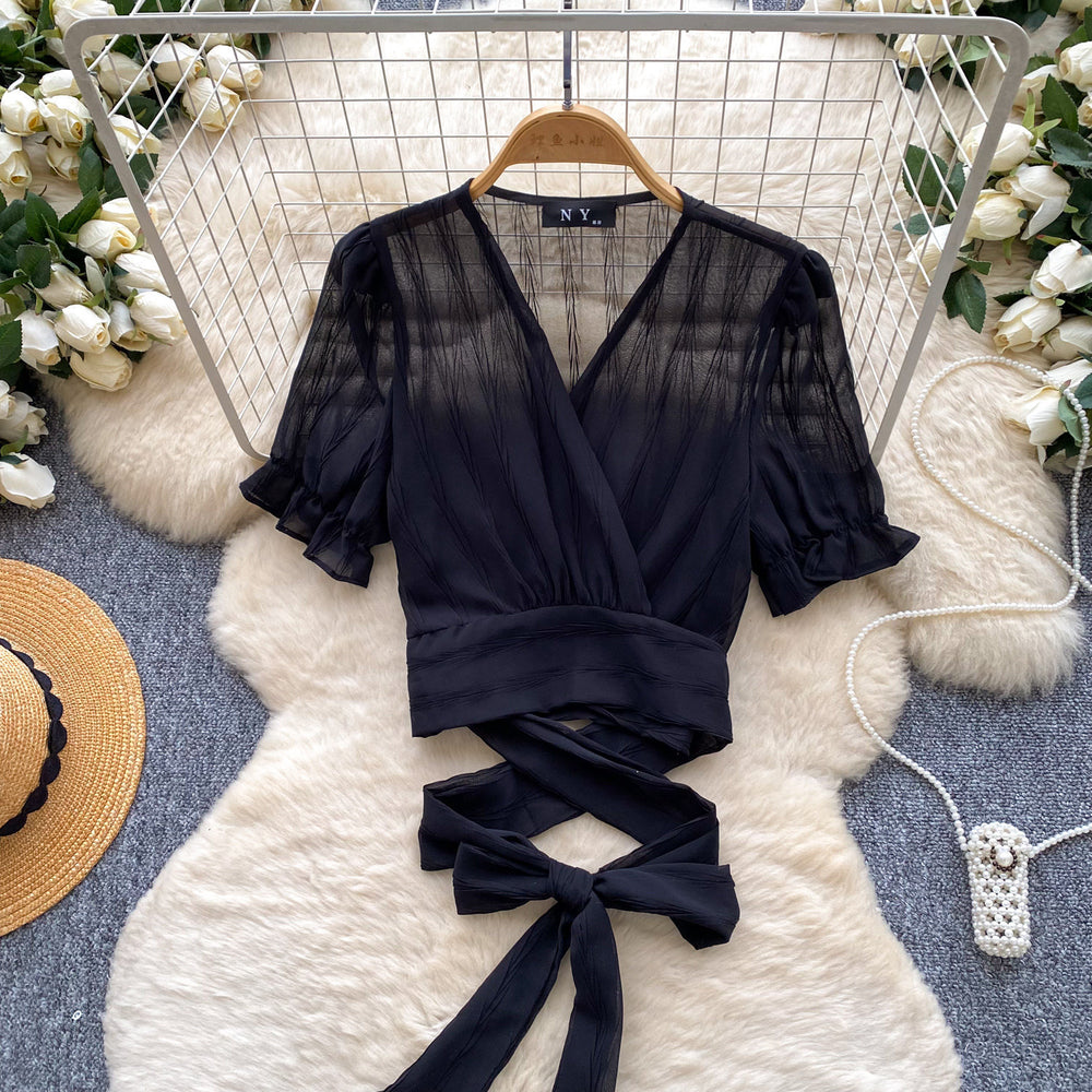 French work clothing style v neck strap elegantshirt women's summer short-sleeved waist design nichetops