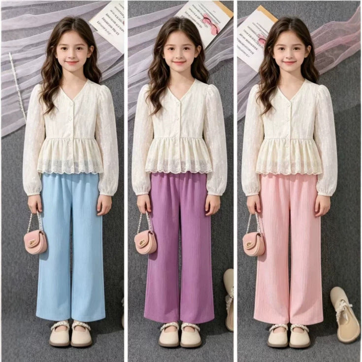 Export children's clothing springnew arrivalfashionsweetelegantv necklace hook flower long sleevestopspantsgirlsuit