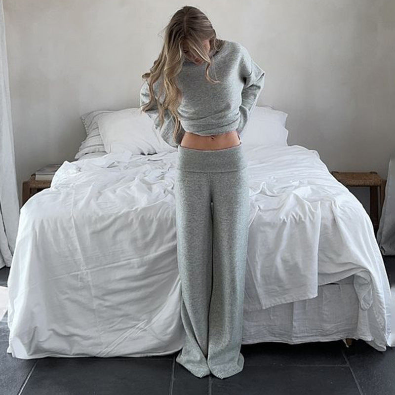 Cross-border fashion casual woolen suit pullover loose top turned waist head straight trousers loungewear two-piece set women