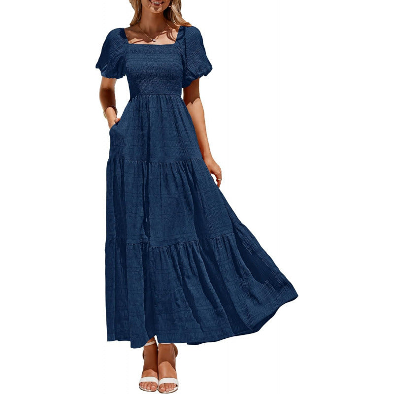 Amazon fashion short-sleeved square neck pleated dresssummernew arrivala-line elegant beach skirt