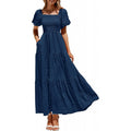 Amazon fashion short-sleeved square neck pleated dresssummernew arrivala-line elegant beach skirt