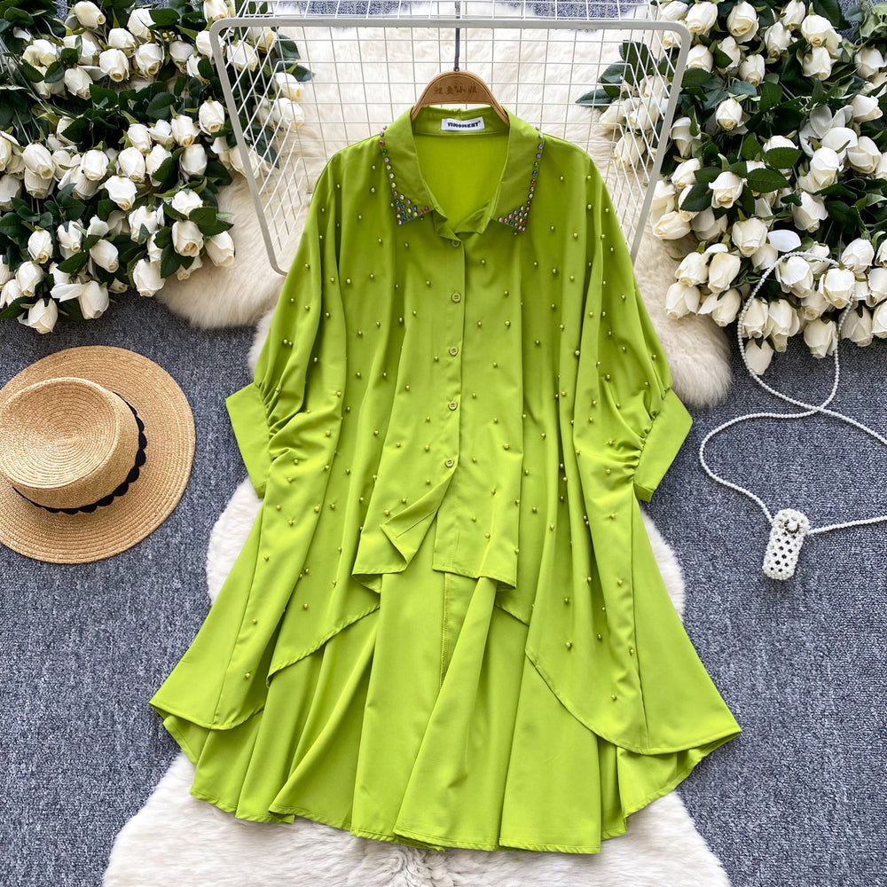 European and american design irregular shirt for women, rhinestone and beaded single-breasted batwing sleeve loose fit mid-length top