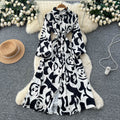 Korean style fashionable printed dress - new women's long sleeve tie-waist slimming a-line versatile elegant maxi dress for work